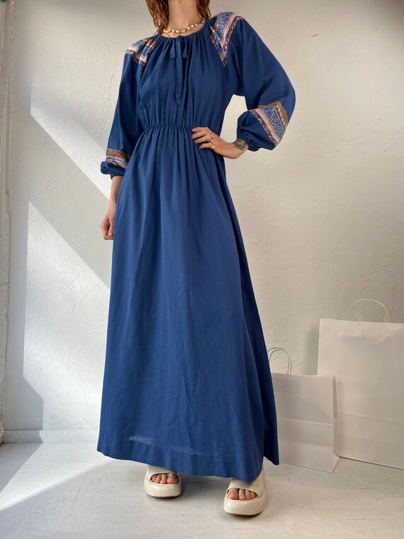 70s 80s 'French Fact' Blue Hippie Dress / Medium - image 5