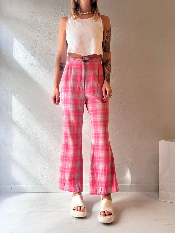 70s Pink Plaid Wool Flare Pants / Small - image 3
