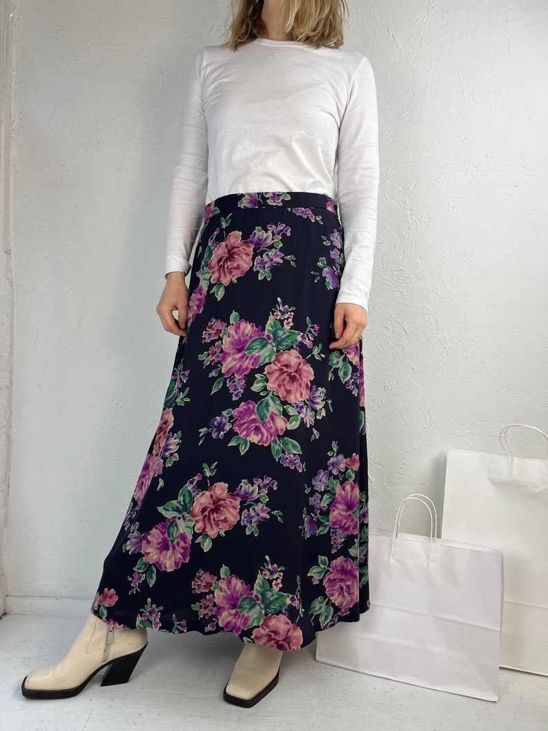 90s 'Jones New York' Floral Print Silk Maxi Skirt / Large