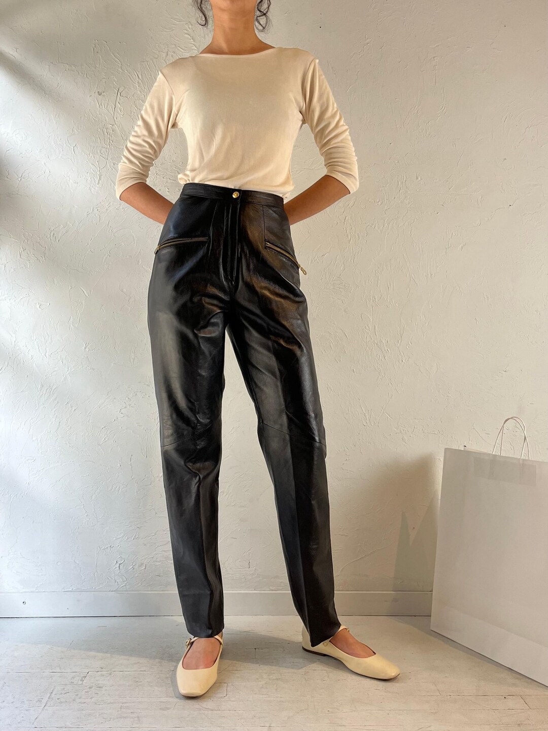 90s 'G 3' Black Leather High Waisted Pants / Small - Etsy