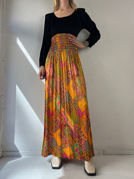 70s Black and Orange Retro Print Maxi Dress / Sma… - image 5