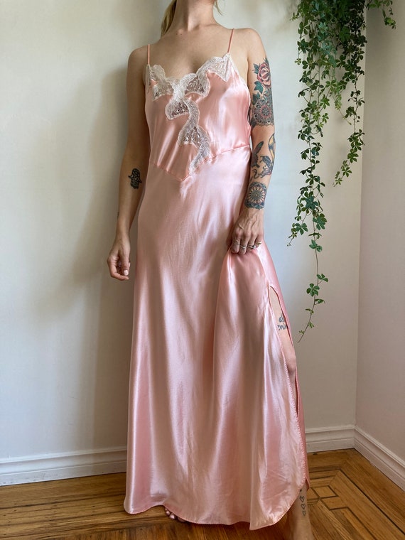 80s Pink Satin Night Dress // Lace Night Gown // S