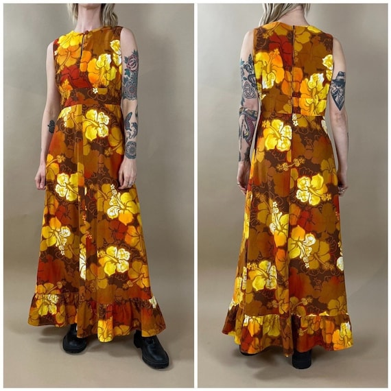 Buy 70s Yellow Orange Tropical Print Sleeveless Key Hole Maxi 