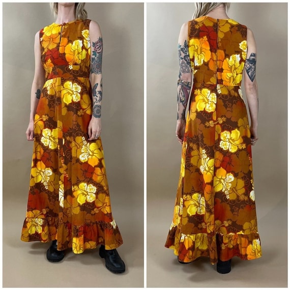 70s Yellow Orange Tropical Print Sleeveless Key H… - image 1