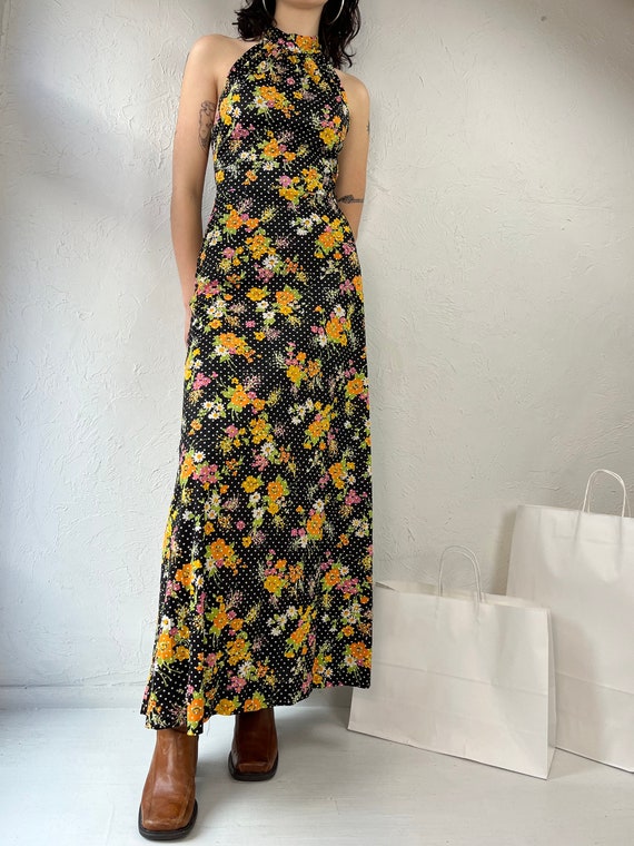 60s / 70s Union Made Black Floral Hippie Halter Maxi Dress / Small - Etsy
