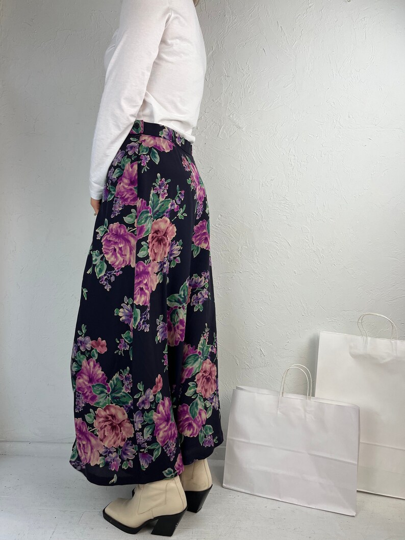 90s 'Jones New York' Floral Print Silk Maxi Skirt / Large