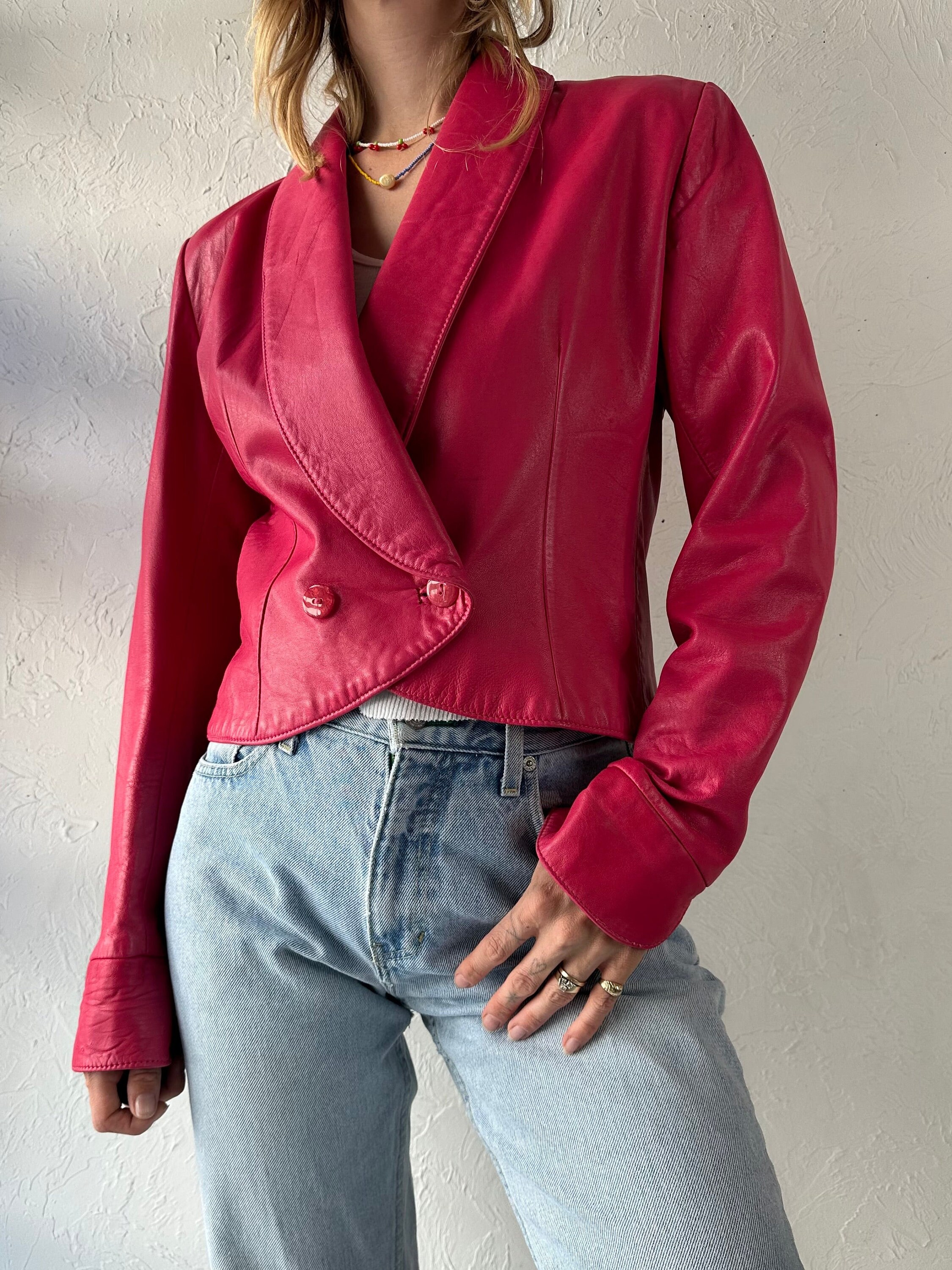 80s 'neto' Retro Cropped Pink Leather Streetwear Jacket / Small