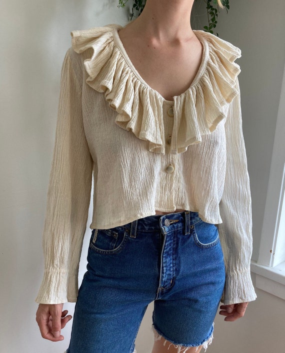 80s Cream Cotton Gauze Button Up Cropped blouse//