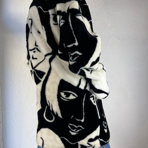 80s 'Donny Brook' Faux Fur Art Deco Picasso Black and White Faces Coat / One Size image 4