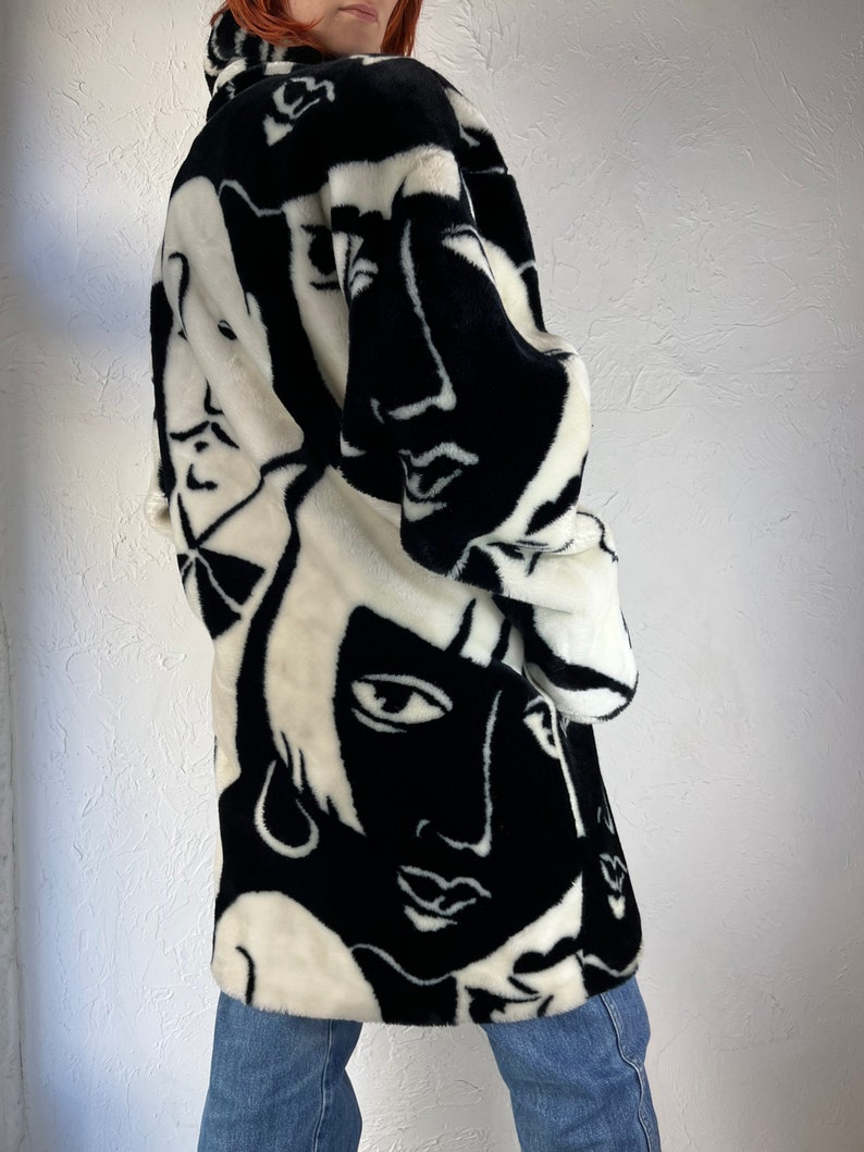 80s 'Donny Brook' Faux Fur Art Deco Picasso Black and White Faces Coat / One Size image 4