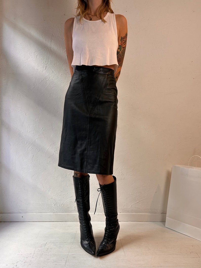 Vintage Handmade Black Leather Pencil Skirt / Small