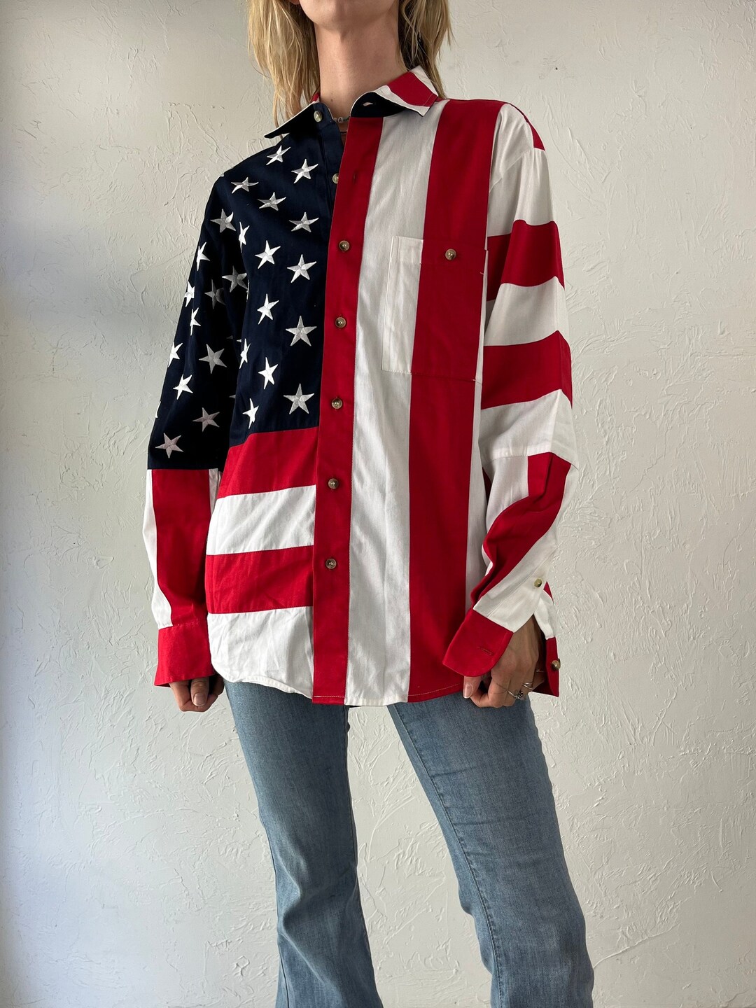 Y2k 'scully' American Flag Long Sleeve Button up Shirt Etsy