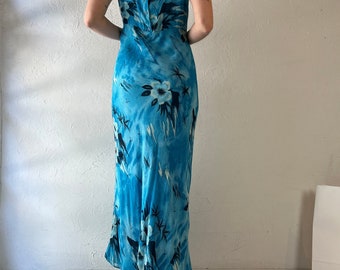 90s 'american Angel' Blue Floral Print Maxi Dress / Medium