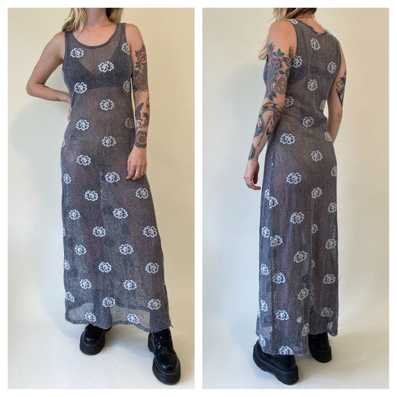 90s Grey Mesh Flower Maxi Dress // Hippie Daisy Sh