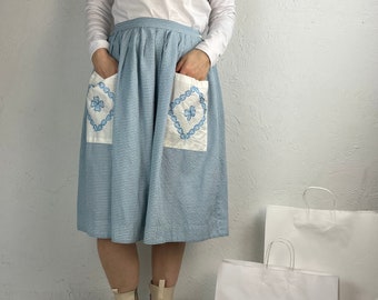 70s Handmade Blue Gingham Chore Skirt / Medium