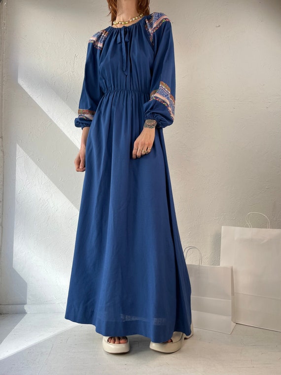 70s 80s 'French Fact' Blue Hippie Dress / Medium - image 1