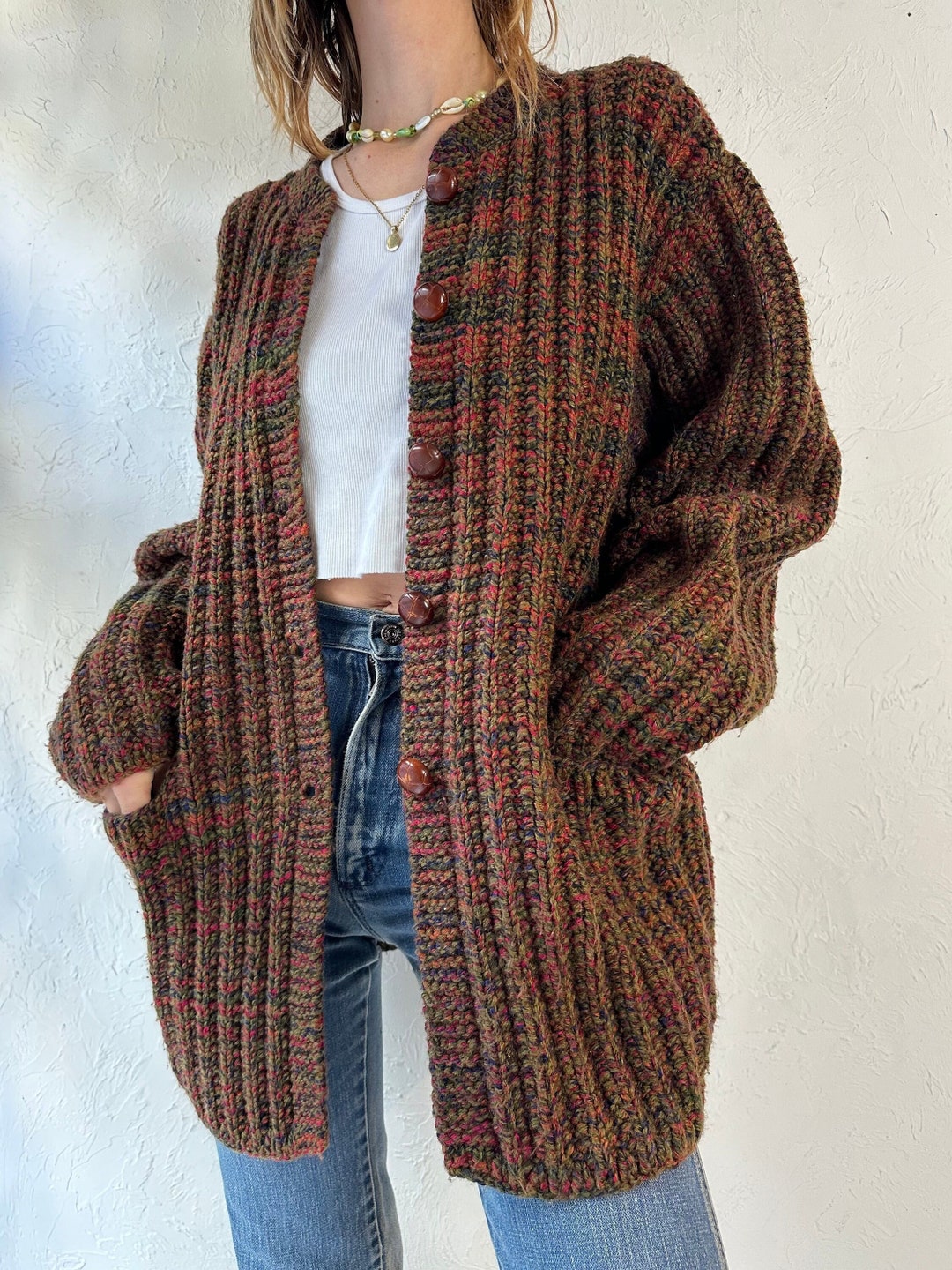 Vintage Oversized Drop Shoulder Hand Knit Chunky Yarn Hooded Cardigan