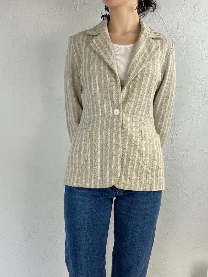 Vintage Handmade Beige Striped Fitted Blazer Jacket / Small image 1