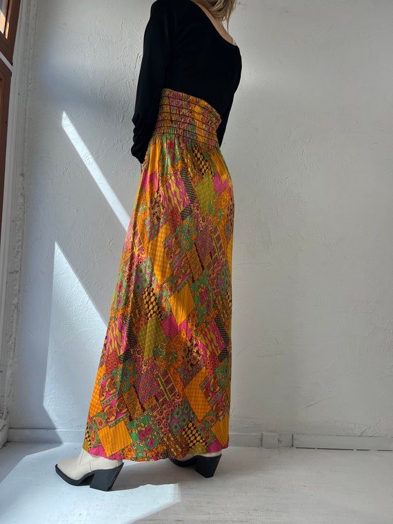 70s Black and Orange Retro Print Maxi Dress / Sma… - image 4