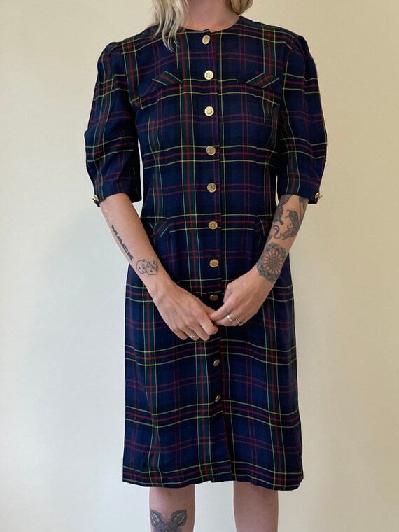 Vintage 80s Plaid Button up a-line Dress - 80s vin