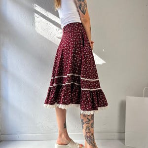 Vintage Handmade Burgundy Floral Peasant Skirt / Small