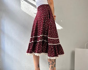 Vintage Handmade Burgundy Floral Peasant Skirt / Small