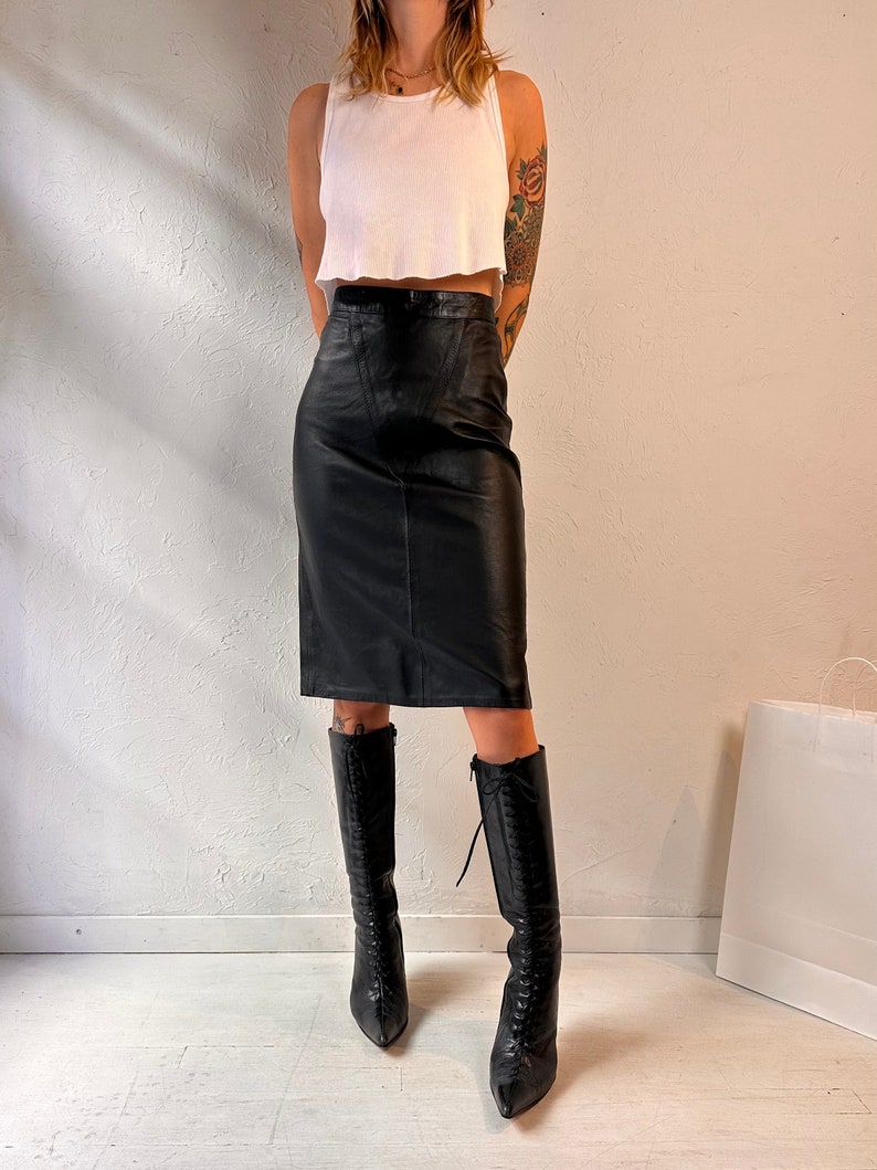 Vintage Handmade Black Leather Pencil Skirt / Small