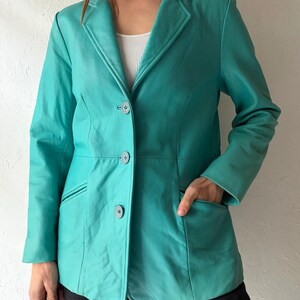 Y2k 'Bernardo' Turquoise Leather Blazer Style Jacket / Vintage 2000s Minimalist Jacket / Small