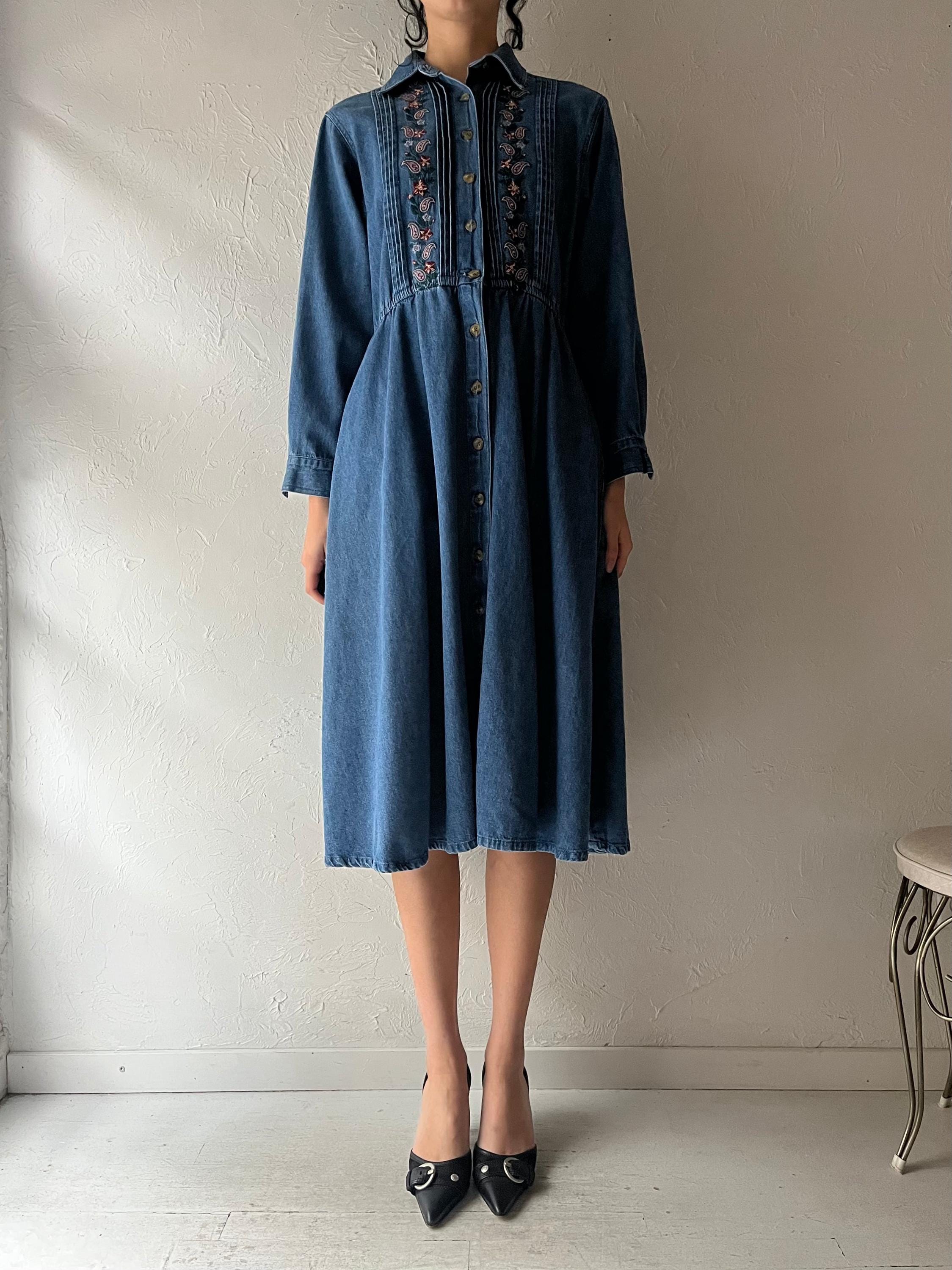 90s 'talbots' Collared Denim Midi Dress / Small
