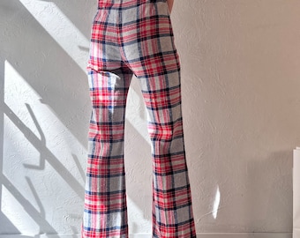 70s Handmade Plaid Flare Pants / Small