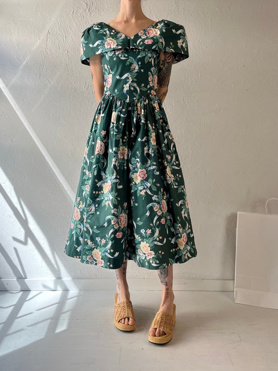 80s Handmade Green Floral Print off the Shoulder Dress / Small - Etsy