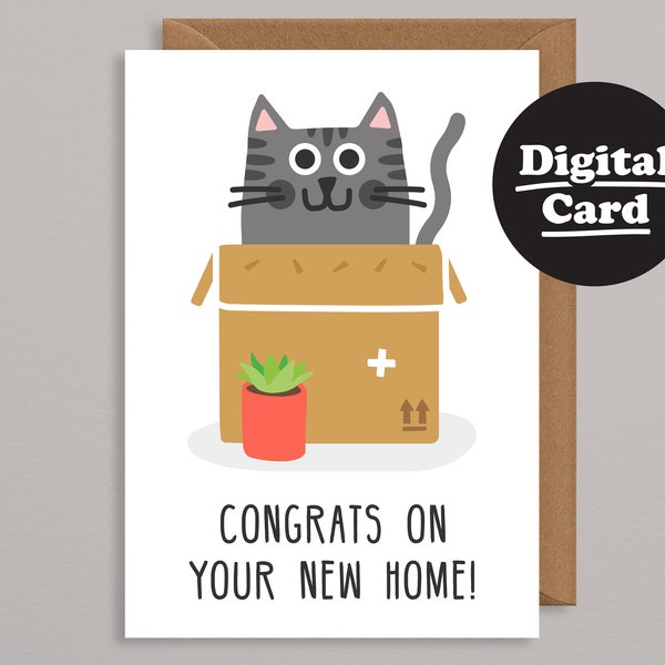 Printable New Home Card.Funny Printable New Home Card.Downloadable card.Digital.Download.New House.New Apartment.Congratulations.Cat
