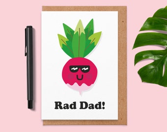 Fathers day card.rad dad.funny fathers day card.fathers day card funny.food pun card.radish.vegan.daddy.card for new dad.first father's day