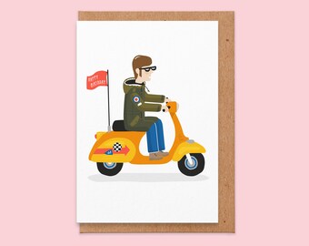 Cool Scooter Birthday Card -  Mod and Retro Birthday Card For Dad, Boyfriend, Husband, Brother, Uncle