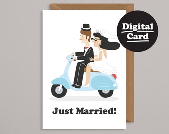 Printable Wedding card.Funny wedding Card.Downloadable card.Digital Card.Instant Download.Bride and Groom.Just Married.Scooter.Wedding gift
