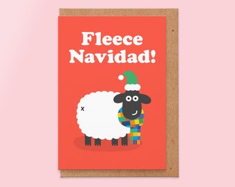 Fleece Navidad Christmas Card, Feliz Navidad Pun Card, Fun Christmas Card For Girlfriend, Wife, Friend, Cute Animal Sheep Christmas Card