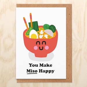 You Make Miso Happy Pun Love Card, For Her, Girlfriend, Him, Boyfriend, Cute Anniversary Card image 1