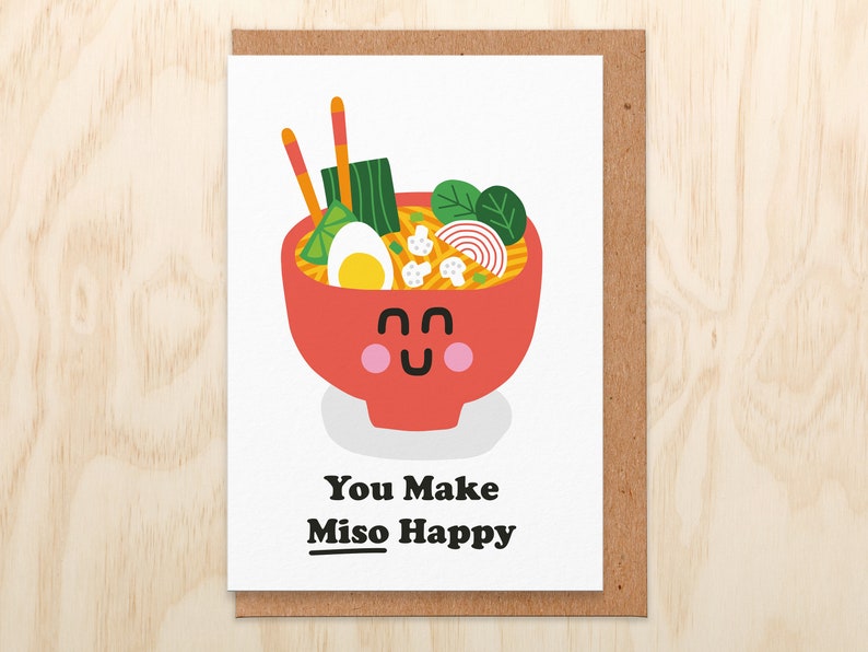 You Make Miso Happy Pun Love Card, For Her, Girlfriend, Him, Boyfriend, Cute Anniversary Card image 1