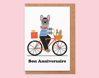 Bon Anniversaire Birthday Card - Cute French Bulldog Birthday Card, For Dog Lover, Friend