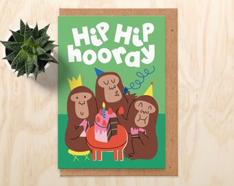 Hip Hip Hooray Monkey Birthday Card - Cute Animal Birthday Card