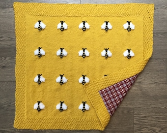 Reversible Baby Bees Blanket, Handknit, Fuzzy Bees, Flannel on Reverse (Optional) 3 Sizes