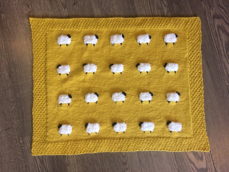 Knit PATTERN Fuzzy Sheep Baby Blanket, English/French image 5