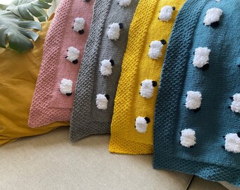 CUSTOM ORDER for Debbie: Reversible Sheep Baby Blanket LARGE, Handknit, Fuzzy Sheep, Flannel on Reverse