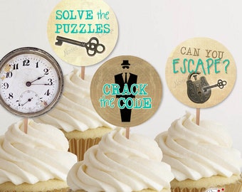 Escape Room Cupcake Toppers or Round Tags, Escape Room Party, Printable Clue Party Decor, Spy Party Cupcake, Teal Escape Room