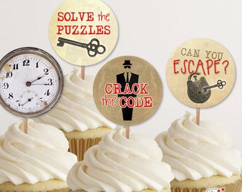 Dekoracje na babeczki w stylu Escape Room, Tagi w stylu Escape Room, Impreza w stylu Escape Room, Wydrukowane dekoracje na imprezę w stylu Escape Room, Babeczki lub tagi upominkowe na imprezę szpiegowską