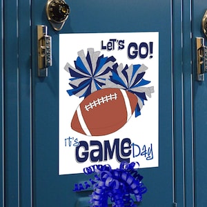 Cheer and Football Good Luck Locker Sign, Football Game Day Poster, Let&#39;s Go Blue and Silver Cheerleading Door Hanger
