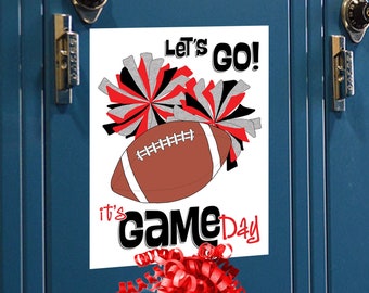 Football and Cheer Locker Sign, Football Game Day Good Luck Poster, Let's Go Red Black and Silver Cheerleading and Football Door Hang Tags