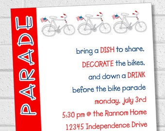 4th of July Bike Parade Party, Bike Decorating Party, July Fourth Bicycle Tricycle Decorating Invite, Printable Independence Day Event