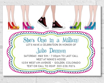 Teen Girl Birthday Invitation, Tennis Shoe and Heels Invite, Sneaker Invitation, Girl Shopping Trip Birthday Party, One in a Million