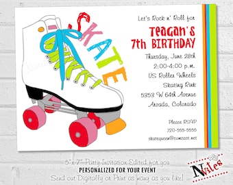 Roller Skating Birthday Party, Skate Party  Invitation, Printable Skating or Roller Derby Invite, Bright and Colorful 80s Style Skate